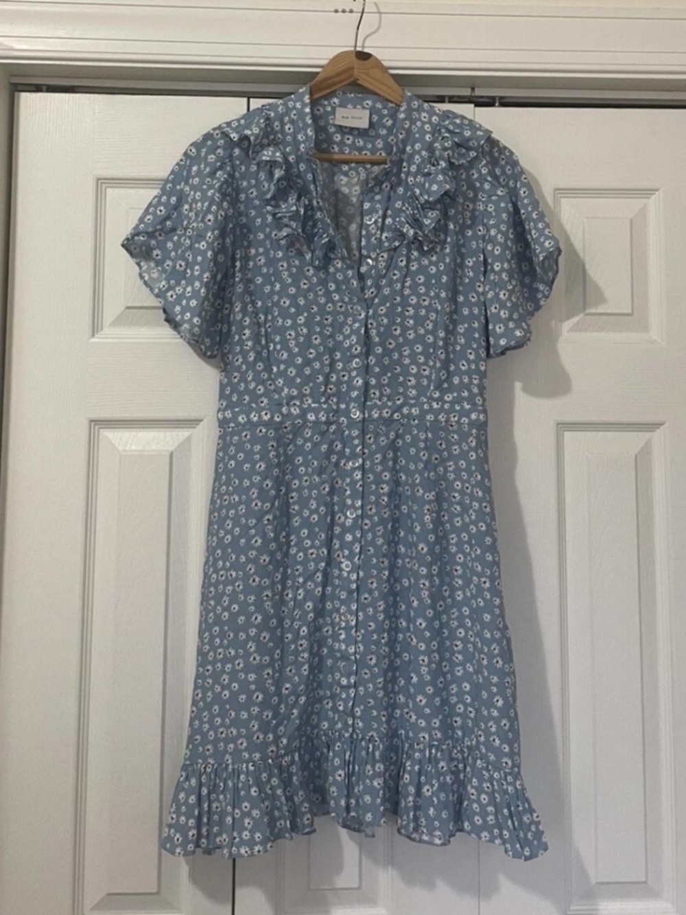 Anthropologie Rue Stiic Blue and White Floral Ruffle Dress Small